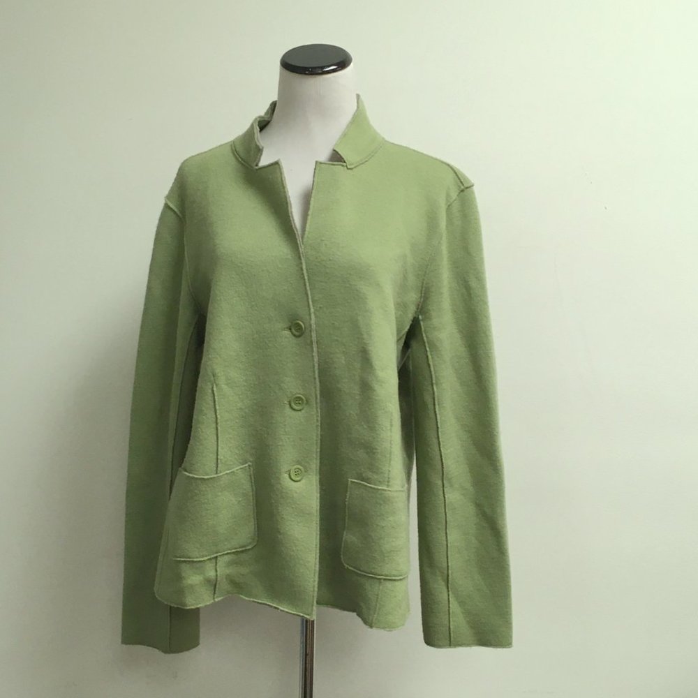 Eileen Fisher green double faced merino wool blazer sweater jacket L